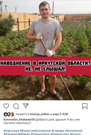 Коновалов окучивает картошку